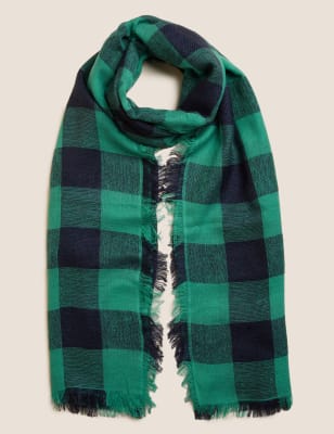 

Womens M&S Collection Checked Fringed Scarf with Wool - Green Mix, Green Mix