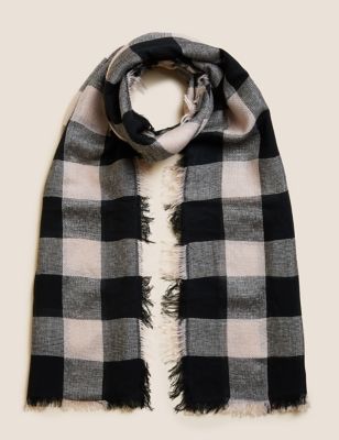

Womens M&S Collection Checked Fringed Scarf with Wool - Black Mix, Black Mix