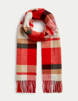 

M&S Collection Bufanda con borlas de cuadros tejidaWomens - Mezcla De Rojos, Mezcla De Rojos