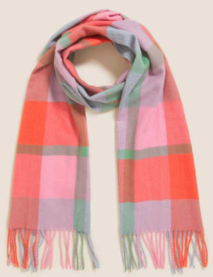 

M&S Collection Bufanda con borlas de cuadros tejidaWomens - Mezcla De Tonos Rosas, Mezcla De Tonos Rosas