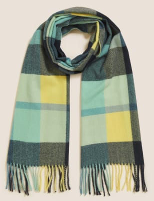 

Womens M&S Collection Gewebter Schal mit Karomuster und Quasten - Grün Melange, Grün Melange