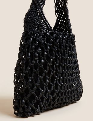 Womens M&S Collection Leather Macrame Shoulder Bag - Black