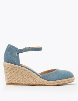  Espadrilles à talons compensés et bride à la cheville - Denim