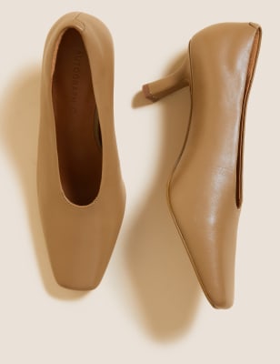 M&S Autograph Womens Leather Slip On Square Toe Court Shoes - 3.5 - Natural, Natural,Black