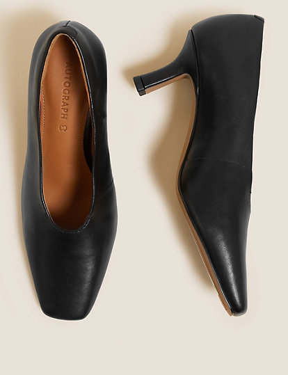 Leather Slip On Square Toe Court Shoes