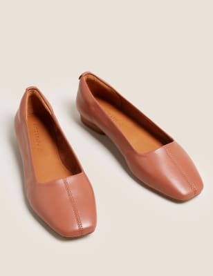 M&S Autograph Womens Leather Square Toe Ballet Pumps - 5.5 - Biscuit, Biscuit,Black