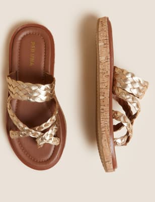 

Womens Per Una Leather Woven Strappy Sandals - Gold, Gold