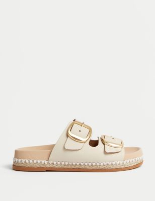 M&S Womens Leather Double Buckle Flatform Sandals - 4 - Ivory, Ivory,Black