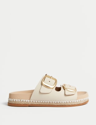 Cream raffia double buckle sliders