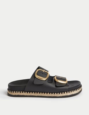 Leather Double Buckle Flatform Sandals