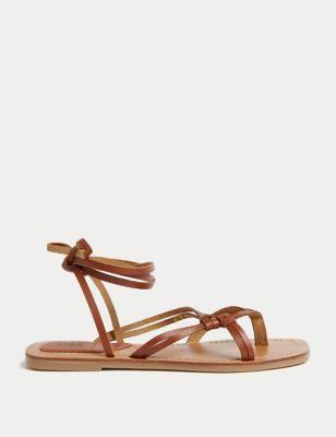 M&S Womens Leather Ankle Strap Flat Sandals - 4 - Tan, Tan
