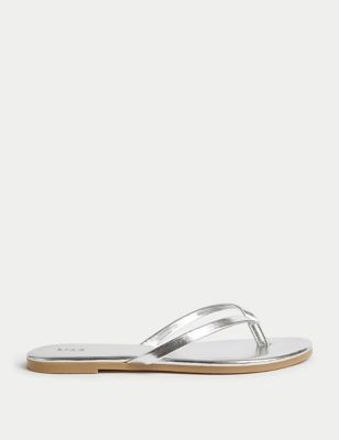 M&S Women's Flat Toe Thong Sandal - 3 - Silver, Silver,Black,Hot Pink
