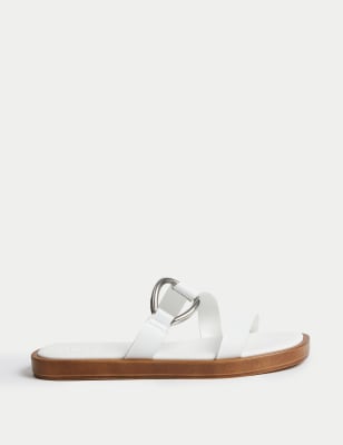 Leather Ring Detail Slip On Flat Mules - HU