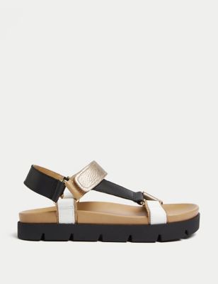 M&S Women's Leather Sporty Ankle Strap Footbed Sandals - 6 - Ivory, Ivory,Black