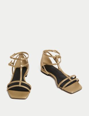 Leather Metallic Strappy Flat Sandals