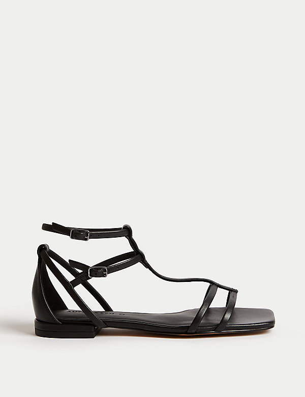 Leather Metallic Strappy Flat Sandals - JE