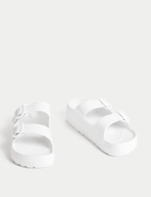 M&S Womens Buckle Flatform Sliders - 4 - White, White,Brown