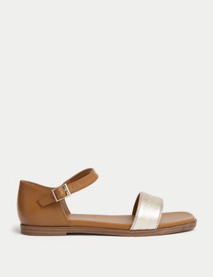 M&S Womens Wide Fit Leather Ankle Strap Flat Sandals - 4 - Tan, Tan,Black