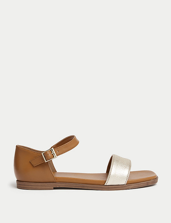 Wide Fit Leather Ankle Strap Flat Sandals - FR