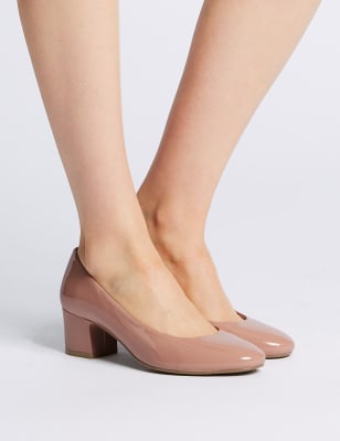 Wide Fit Patent Block Heel Court Shoes