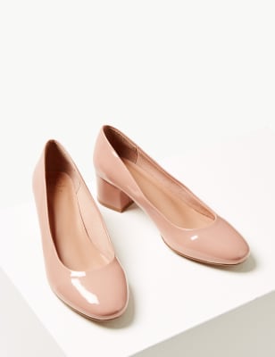 Wide Fit Patent Block Heel Court Shoes