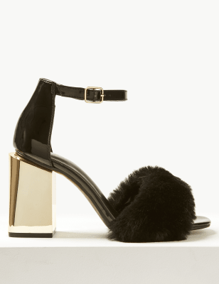 Wide Fit Block Heel Faux Fur Sandals