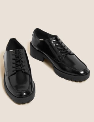 M&S Womens Wide Fit Lace Up Block Heel Loafers - 3 - Black, Black
