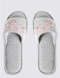 Heart Embroidered Open Toe Mule Slippers
