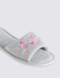Heart Embroidered Open Toe Mule Slippers