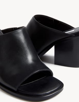 Leather Block Heel Open Toe Mules