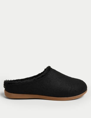 Marks And Spencer Womens M&S Collection Felt Faux Fur Lined Mule Slippers - Black, Black