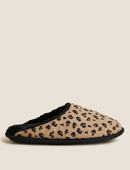 Marks And Spencer Womens M&S Collection Leopard Print Faux Fur Lined Mule Slippers - Brown Mix