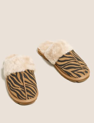 M&S Womens Suede Zebra Print Mule Slippers - 4 - Light Tan Mix, Light Tan Mix