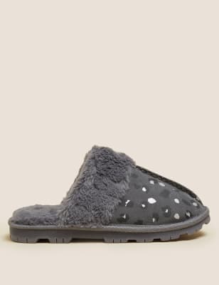 Marks And Spencer Womens M&S Collection Suede Leopard Print Clog Slippers - Grey Mix