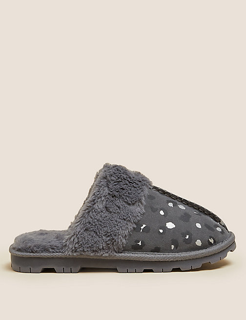 Marks And Spencer Womens M&S Collection Suede Leopard Print Clog Slippers - Grey Mix, Grey Mix