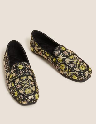 M&S Womens Jacquard Square Toe Moccasin Slippers