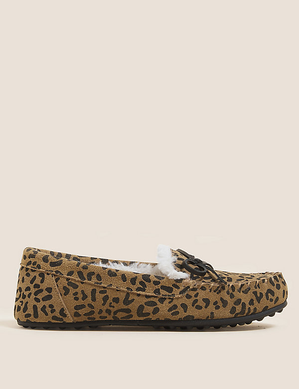 Suede Leopard Print Bow Moccasin Slippers
