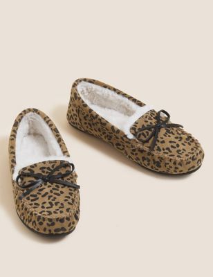 M&S Womens Suede Leopard Print Bow Moccasin Slippers