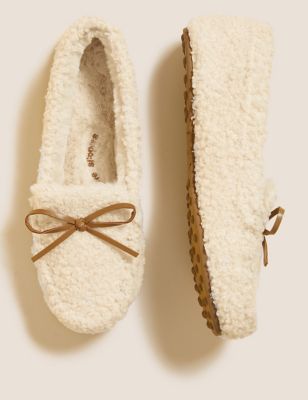 M&S Womens Borg Bow Moccasin Slippers