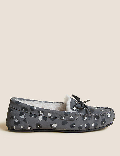 Marks And Spencer Womens M&S Collection Suede Leopard Print Bow Moccasin Slippers - Grey Mix, Grey Mix