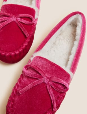 Velvet Bow Faux Fur Lined Moccasin Slippers