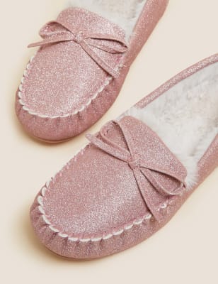 

Womens M&S Collection Glitter Faux Fur Lined Moccasin Slippers - Pink, Pink