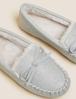 

Womens M&S Collection Glitter Faux Fur Lined Moccasin Slippers - Silver, Silver