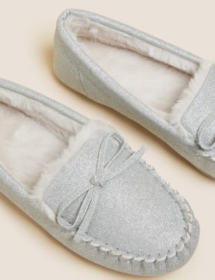 

M&S Collection Zapatillas tipo mocasín de cuadros con forro imitación de piel con brillosWomens - Silver, Silver