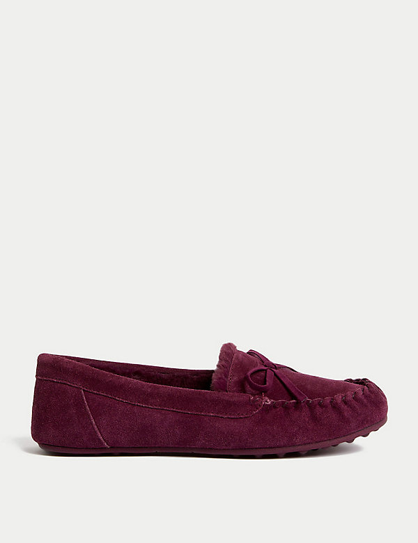 Suede Bow Faux Fur Lined Moccasin Slippers - NZ