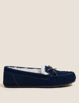 Marks And Spencer Womens M&S Collection Suede Bow Faux Fur Lined Moccasin Slippers - Medium Navy, Medium Navy