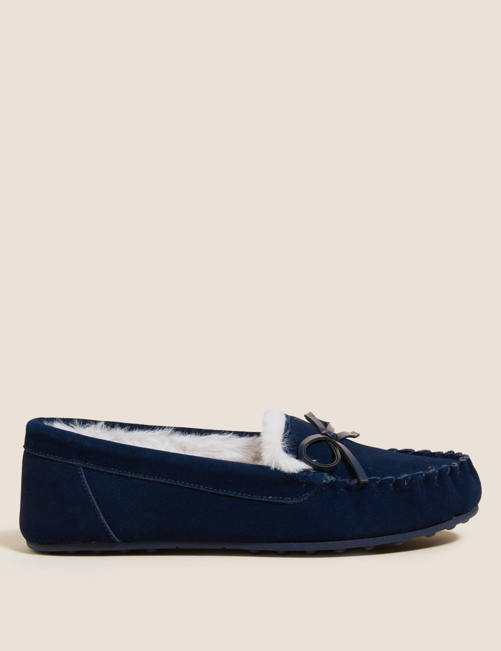 Suede Bow Faux Fur Lined Moccasin Slippers