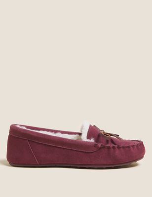 Suede Bow Faux Fur Lined Moccasin Slippers