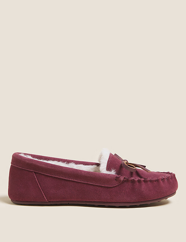 Suede Bow Faux Fur Lined Moccasin Slippers - UY