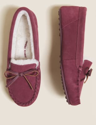 Suede Bow Faux Fur Lined Moccasin Slippers